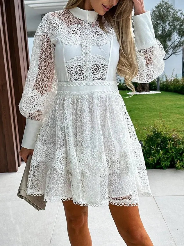 Women Lace Long Sleeve Comfy Party Lace Short Dress