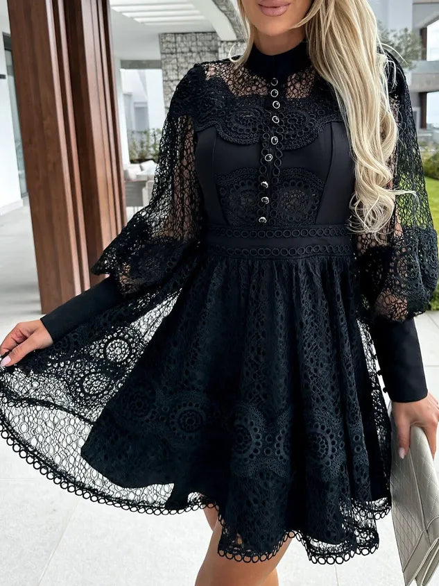 Women Lace Long Sleeve Comfy Party Lace Short Dress