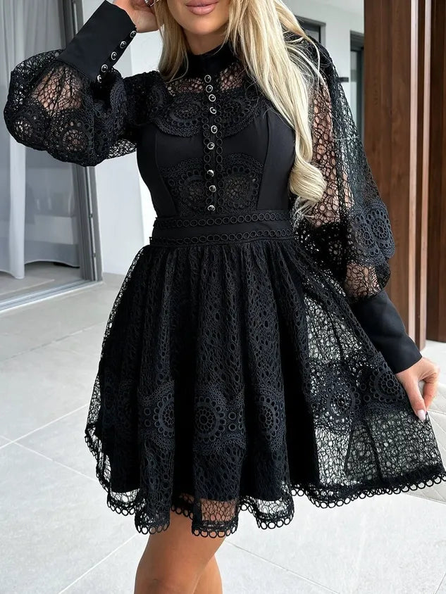Women Lace Long Sleeve Comfy Party Lace Short Dress