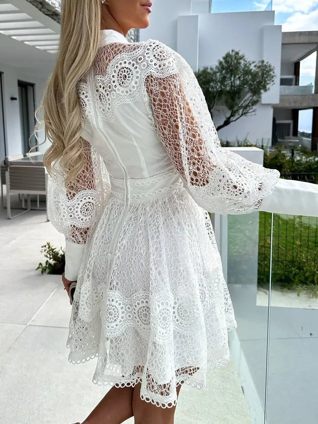 Women Lace Long Sleeve Comfy Party Lace Short Dress