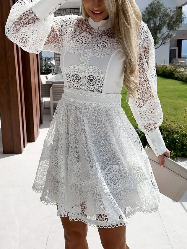 Women Lace Long Sleeve Comfy Party Lace Short Dress