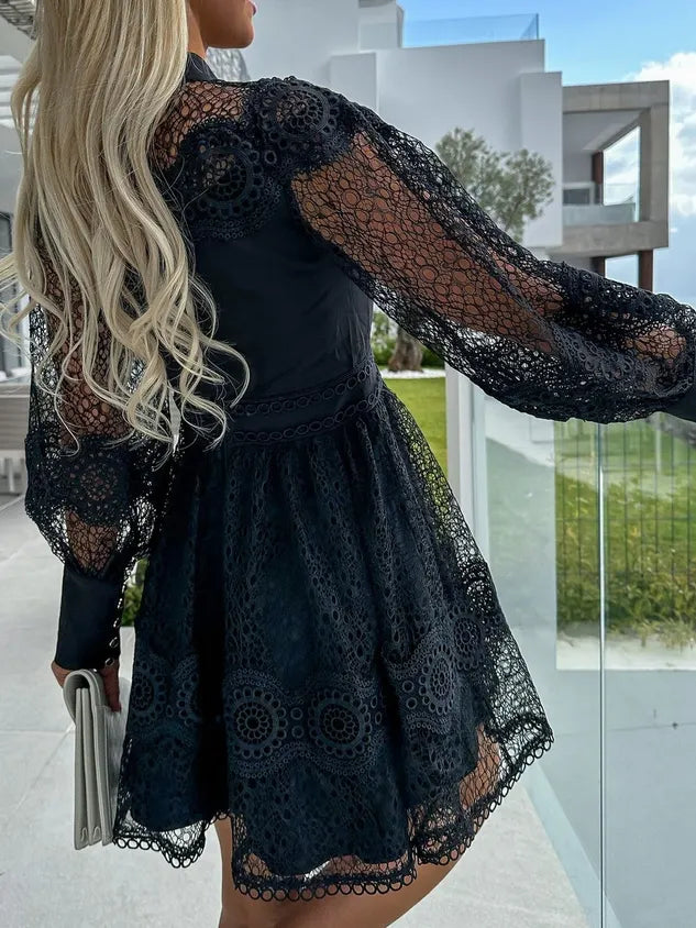 Women Lace Long Sleeve Comfy Party Lace Short Dress