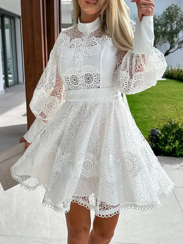 Women Lace Long Sleeve Comfy Party Lace Short Dress
