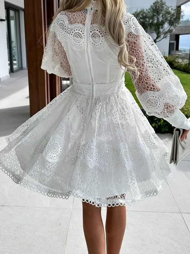 Women Lace Long Sleeve Comfy Party Lace Short Dress